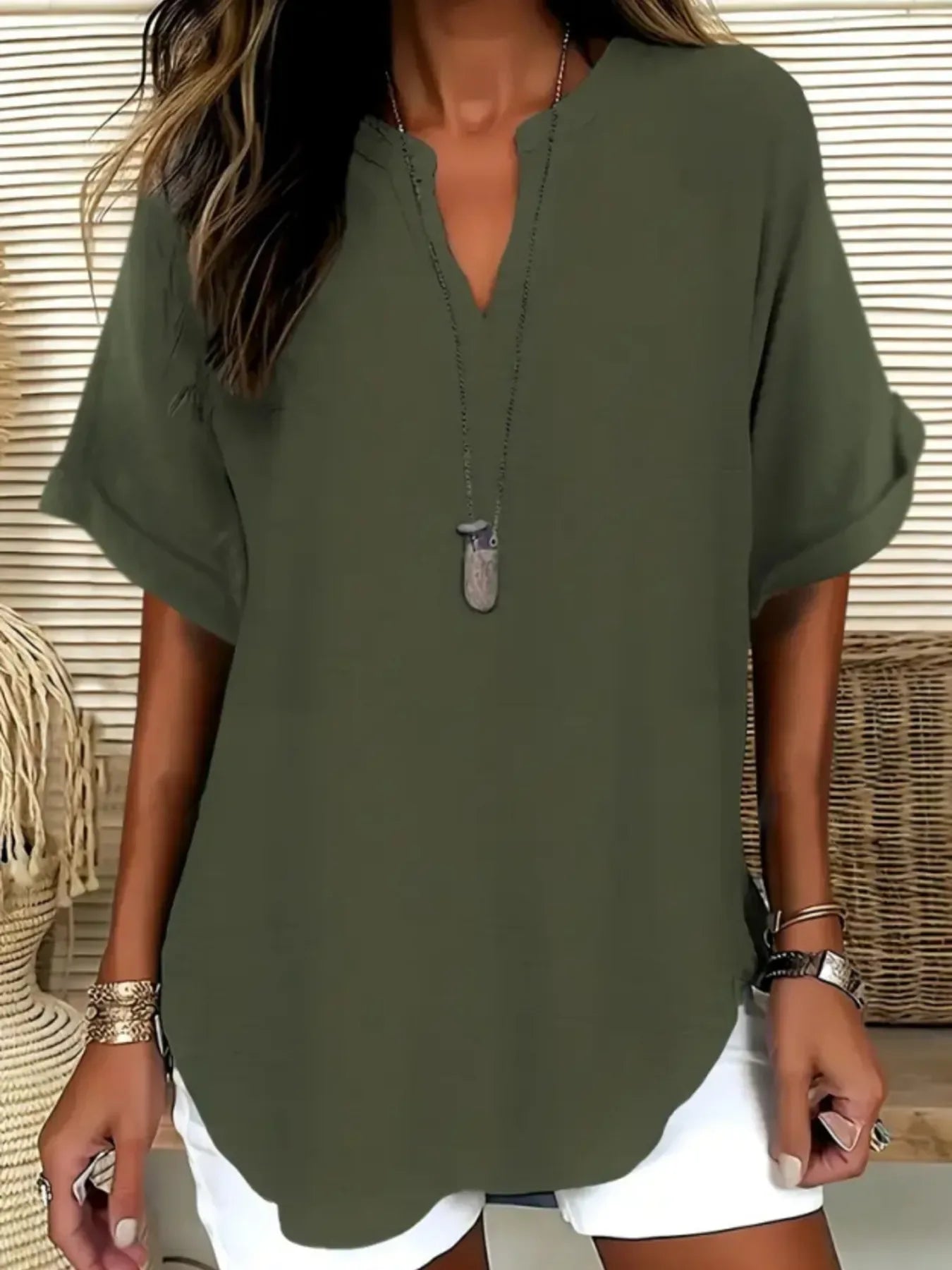 Casual Notched Short Sleeve Blouse - Makw Official Site