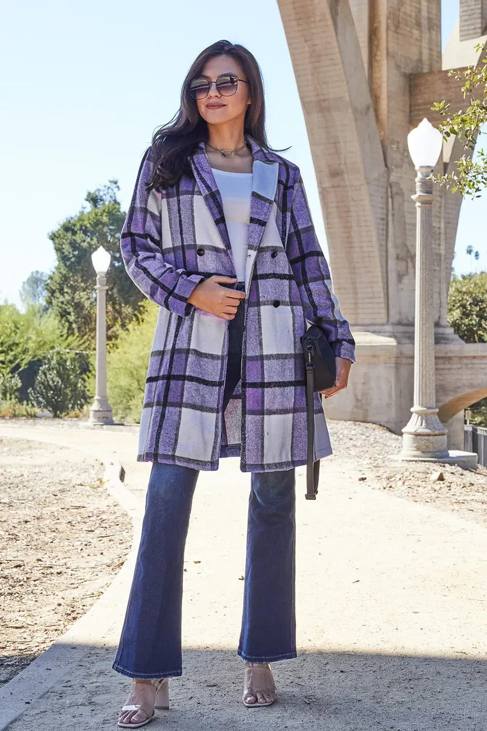 Double Take Full Size Plaid Button Up Lapel Collar Coat - Makw Official Site