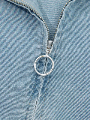 Elastic Edge Collared Zip Up Denim Jacket With Pocket - Makw Official Site