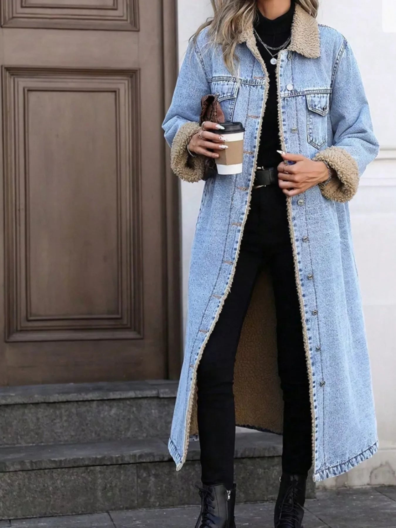 Sherpa Lined Longline Denim Jacket - Makw Official Site