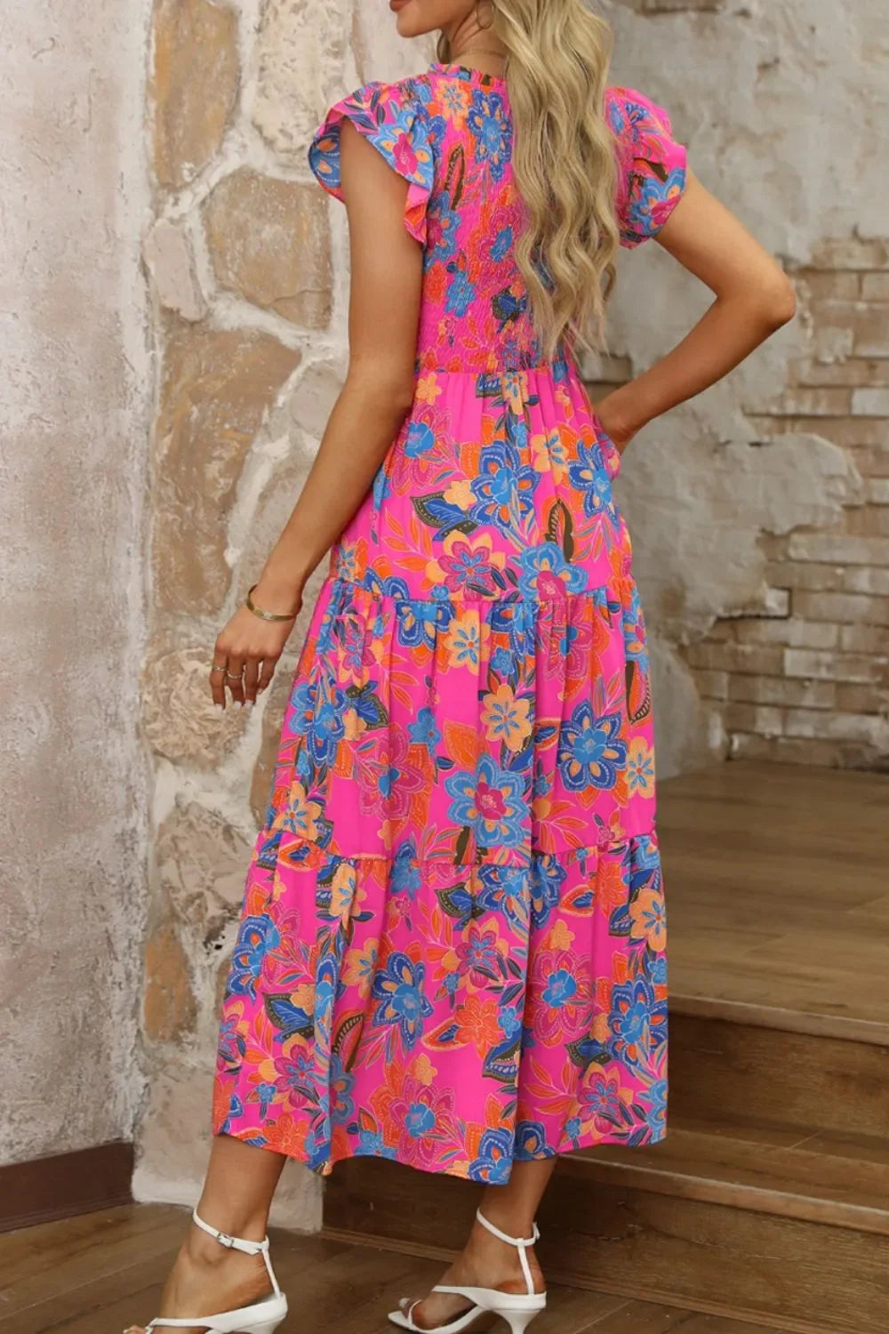 Boho Floral V Neck Ruffle Tiered Dress - Makw Official Site