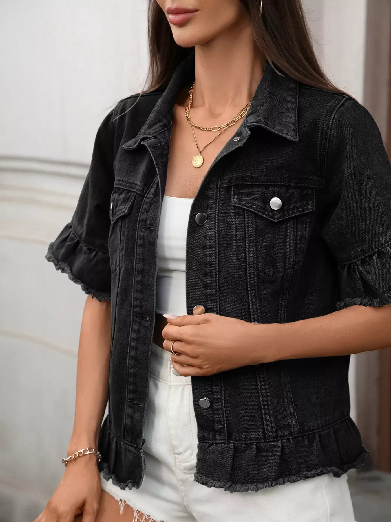 Raw Hem Button Up Denim Jacket - Makw Official Site