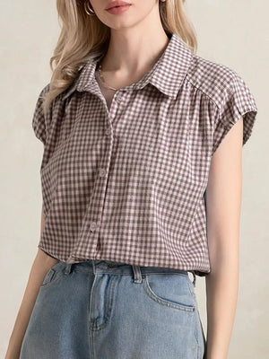 Plaid Button Up Cap Sleeve Shirt - Makw Official Site