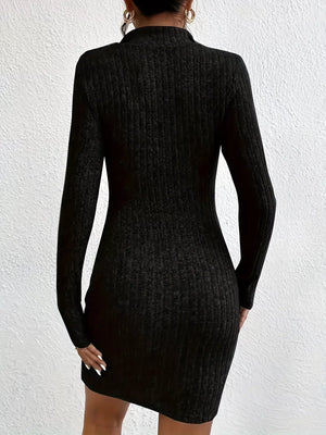 Ribbed Knit Bodycon Mini Dress with Zipper - Makw Official Site