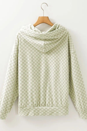 Checkered Print Kangaroo Pocket Drawstring Hoodie - Makw Official Site