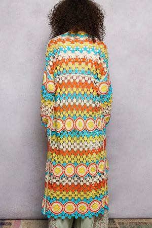 POL Scalloped Edge Open Front Crochet Cardigan with Colorful Stripe Pattern - Makw Official Site