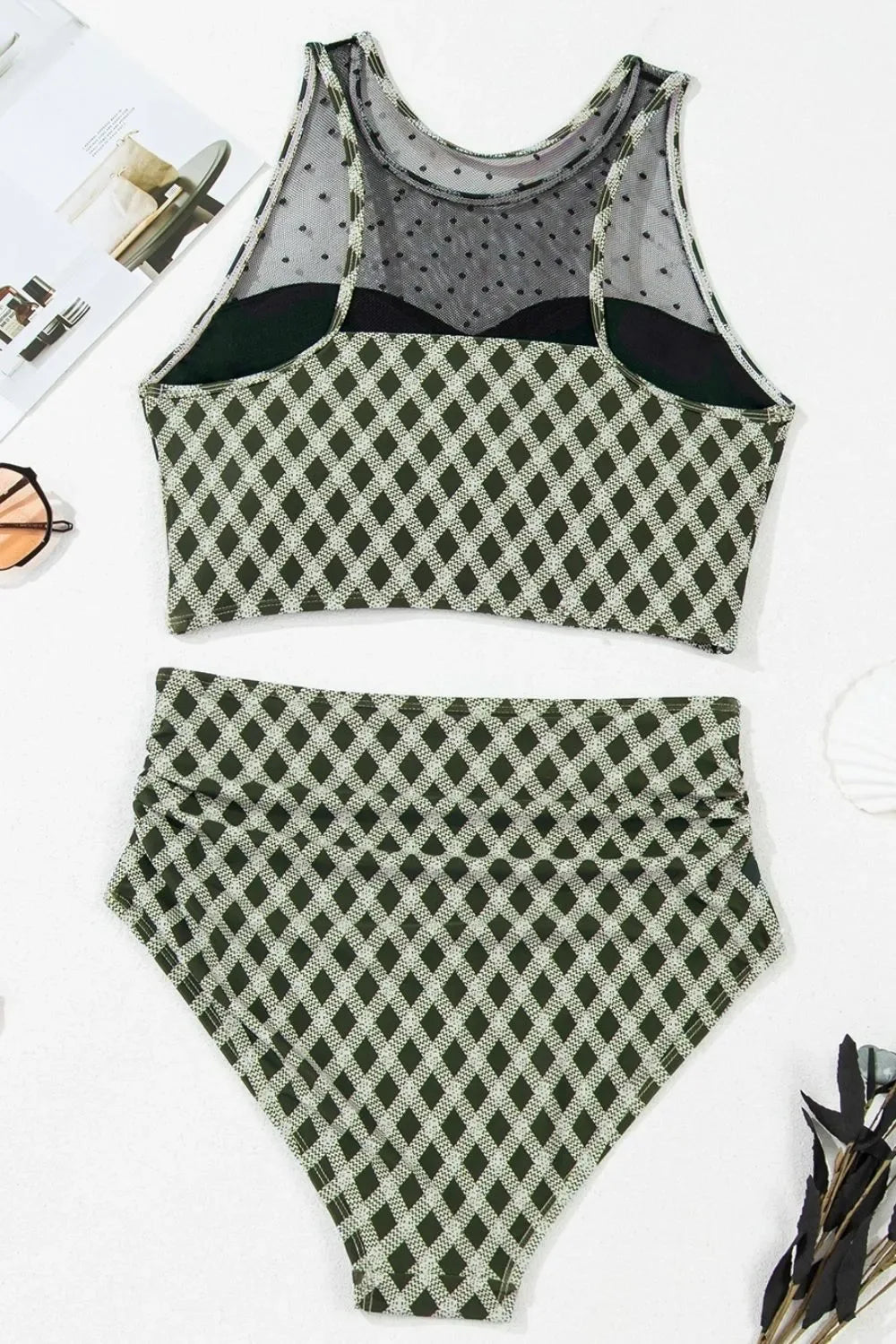 Dotted Mesh Plaid Patchwork High Waisted Swim Set - Makw Official Site
