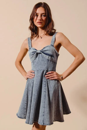 SO ME Mineral Washed Bow Ribbon Denim Flare Dress - Makw Official Site