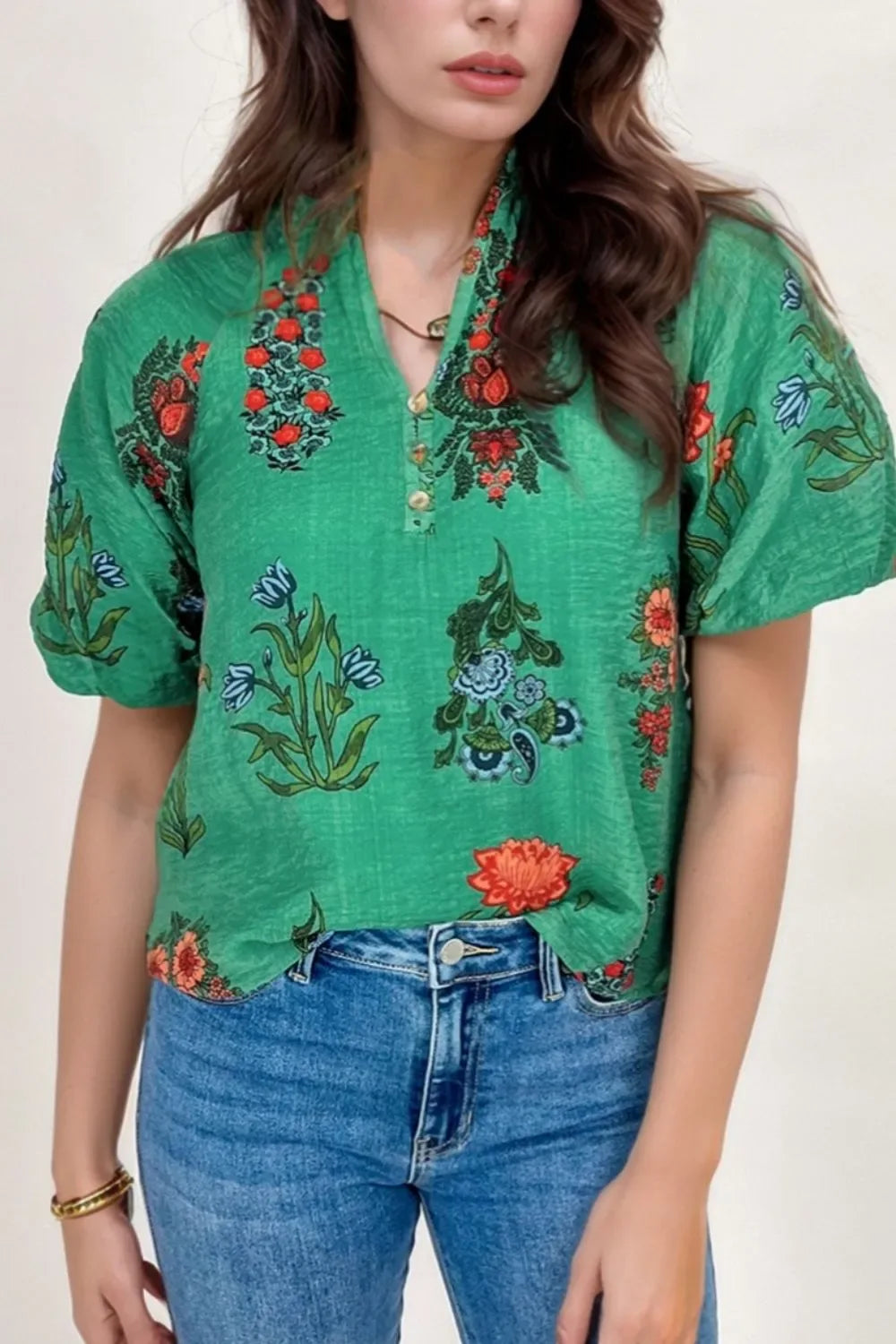 Floral Print Notched Short Sleeve Blouse - Makw Official Site