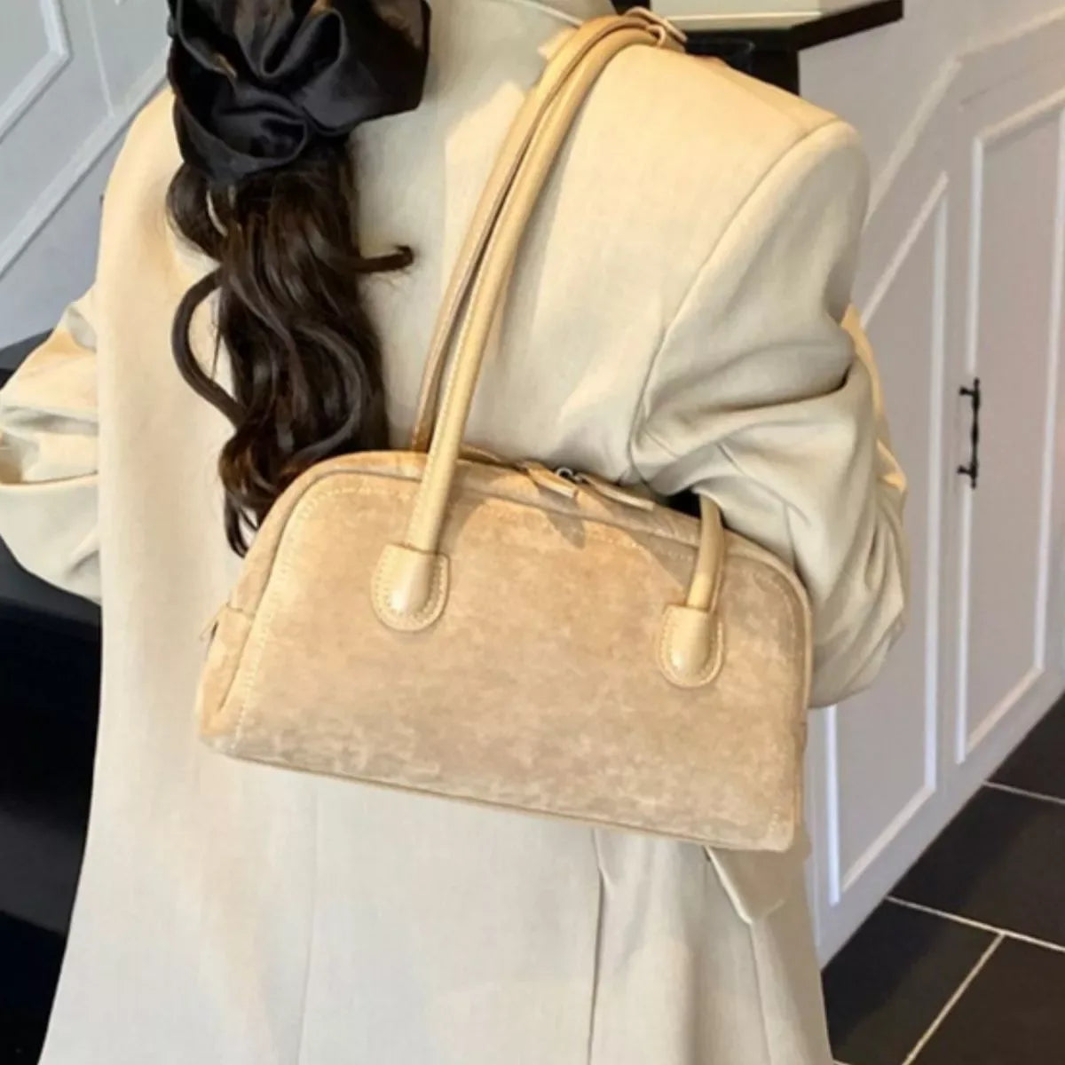 Velvet Shoulder Bag with Leather Strap - Makw Official Site