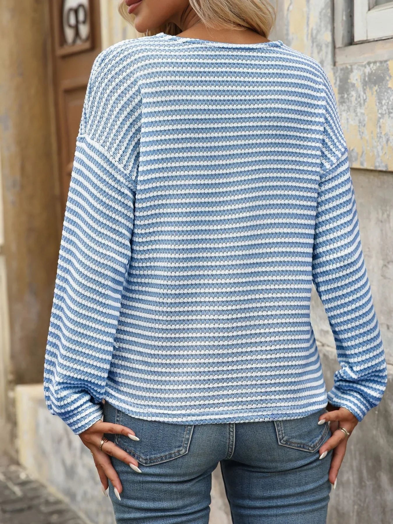 Striped V-Neck Button Front Casual Top - Makw Official Site