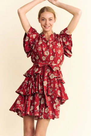 Davi & Dani Ruffle Flutter Sleeve Tie Belt Tiered Mini Dress - Makw Official Site