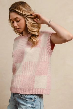 BiBi Checker With Stripes Pattern Sleeveless Sweater - Makw Official Site