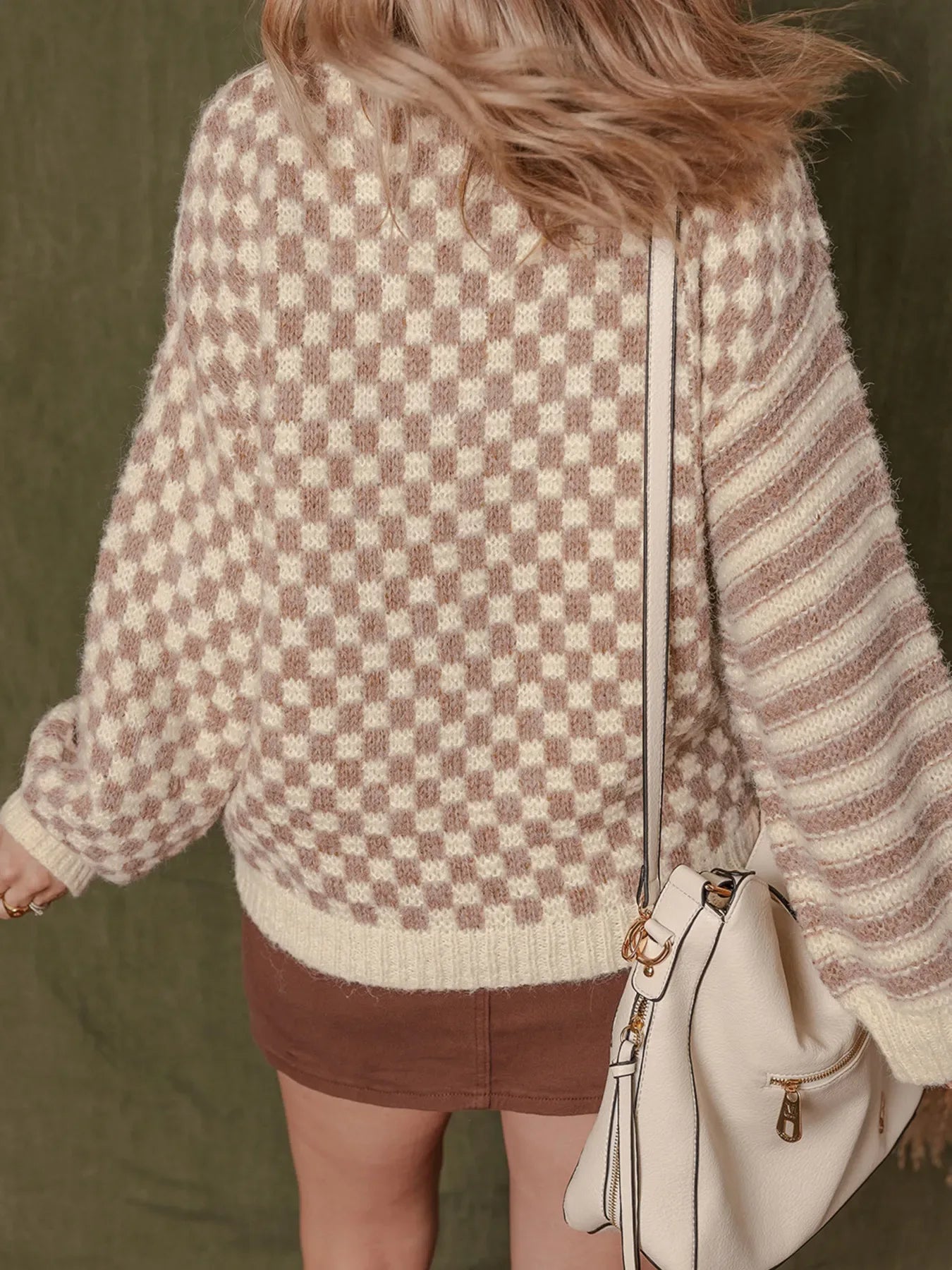 Stripe Checkerboard Drop Shoulder Balloon Sleeve Sweater - Makw Official Site