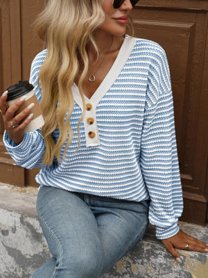 Striped V-Neck Button Front Casual Top - Makw Official Site