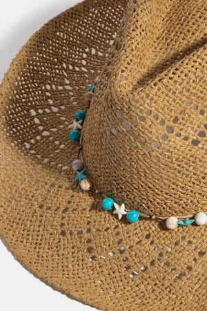 Fame Turquoise and Shell Star Beads Strap Western Straw Hat - Makw Official Site