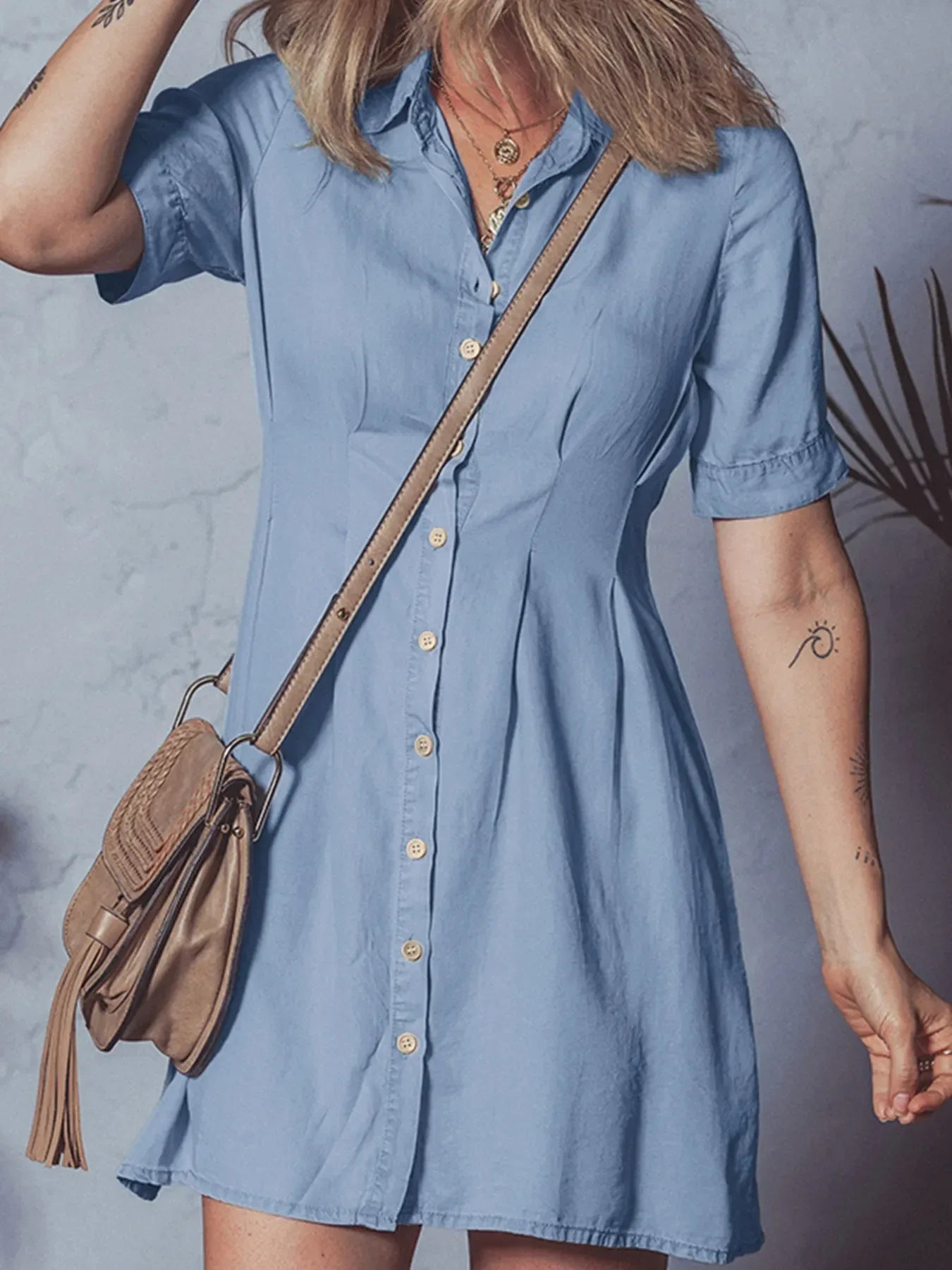 Denim Pleated Slim Waist Short Sleeve Shirt Dress - Makw Official Site