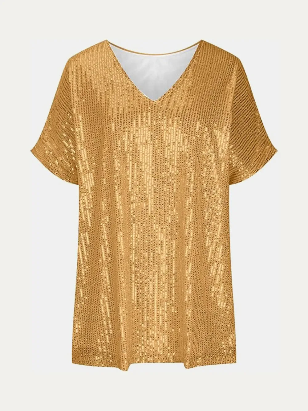 Full Size Sequin V-Neck Short Sleeve Top - Makw Official Site