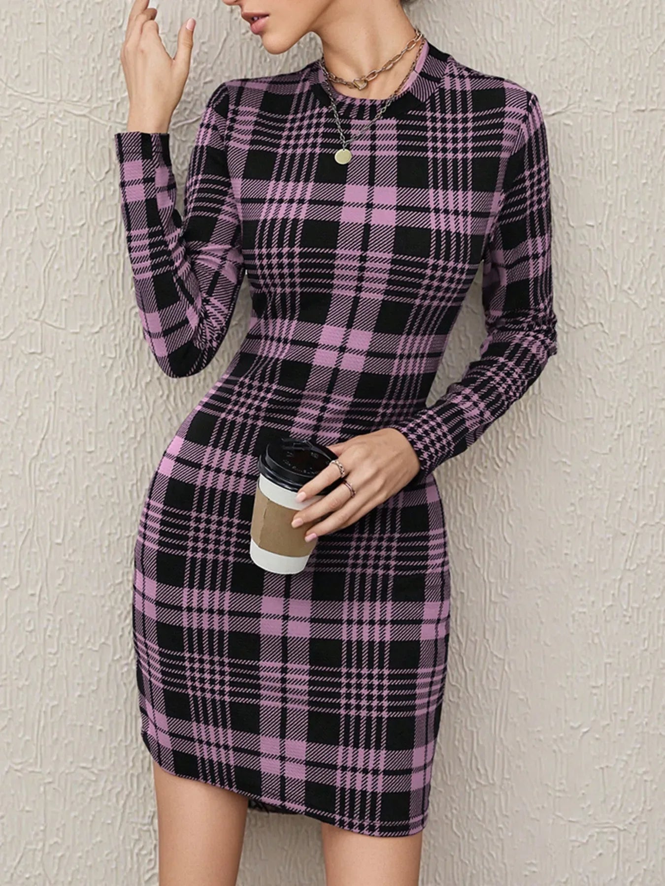 Long Sleeve Plaid Bodycon Mini Dress - Makw Official Site