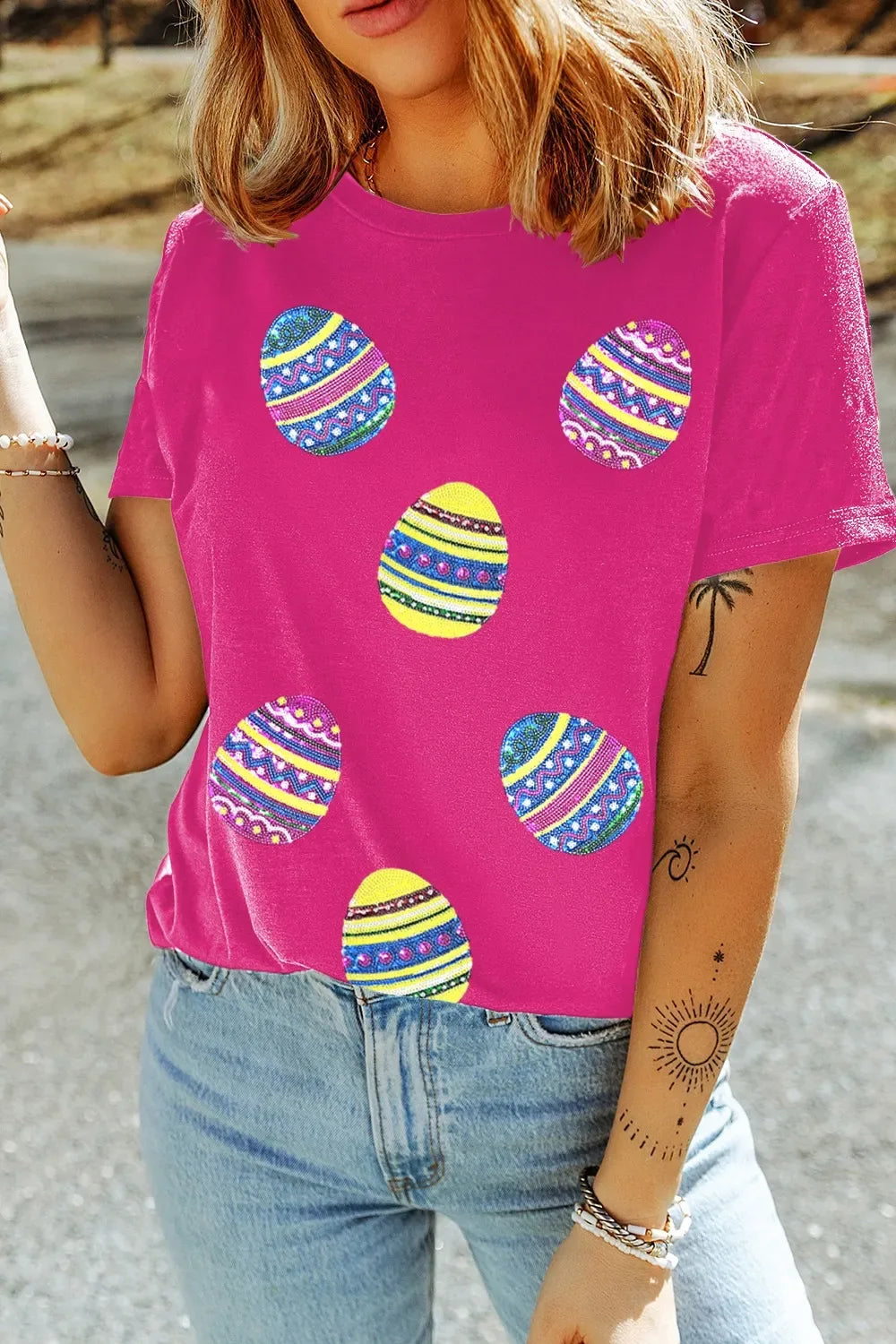 Sequin Easter Egg Short Sleeve T-Shirt - Makw Official Site