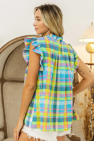 BiBi Multi Color Check Plaid Woven Top - Makw Official Site
