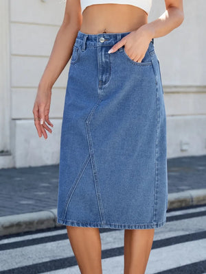 Slit Back Midi Denim Skirt - Makw Official Site