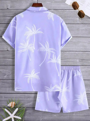 Men's Full Size Palm Print Button Up Shirt and Shorts Set Plus Size - Makw Official Site