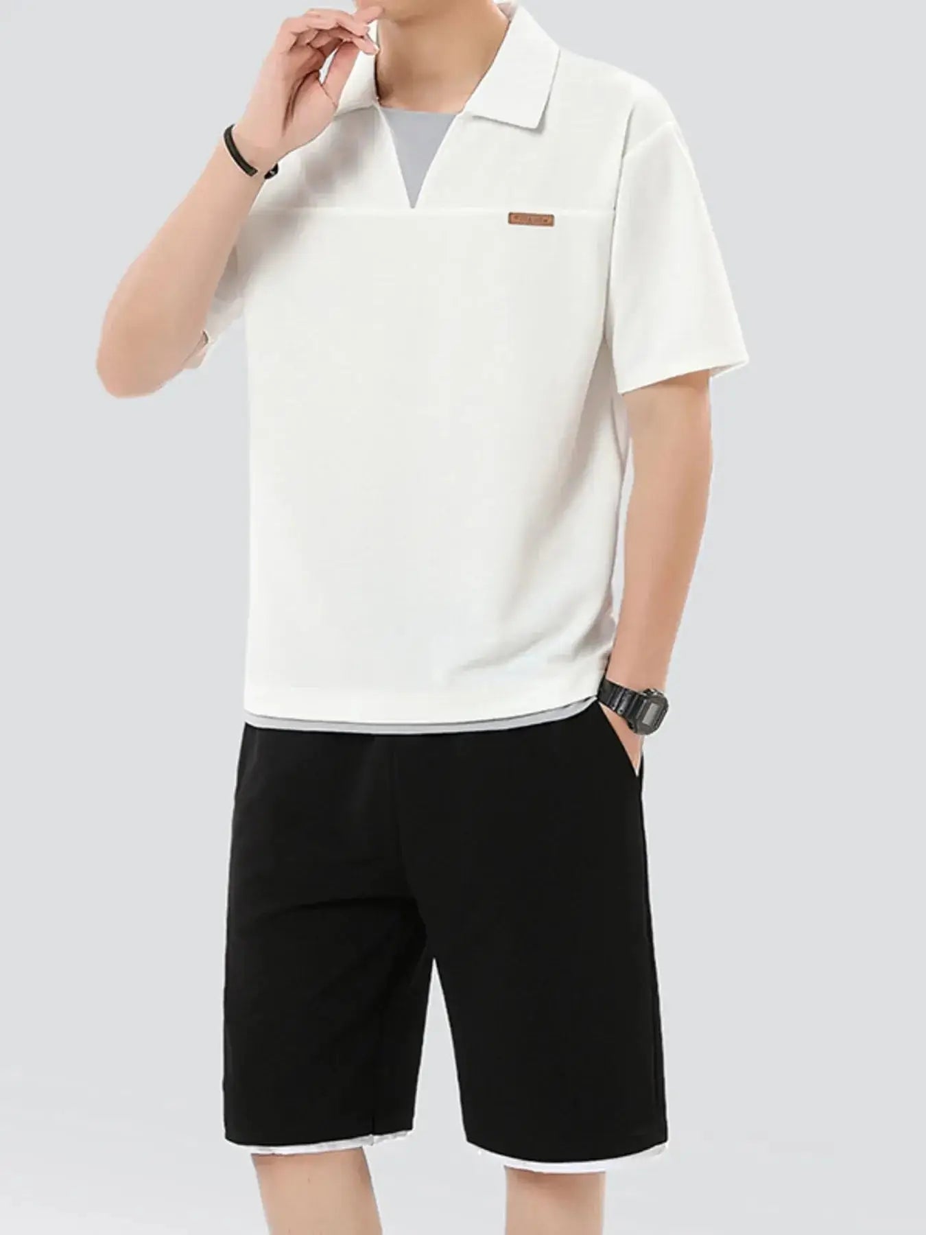 Men's Plus Size Johnny Collar Top and Shorts Set - Makw Official Site