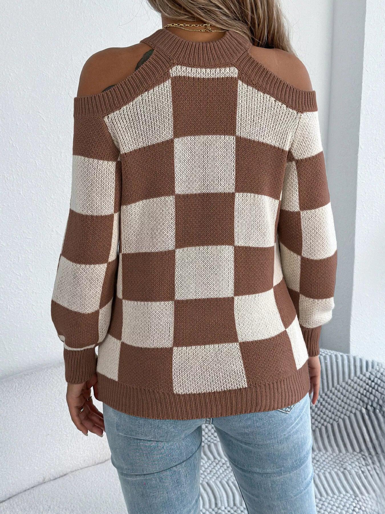Cold Shoulder Checkered Long Sleeve Sweater - Makw Official Site