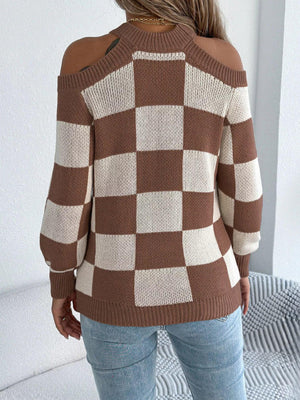 Cold Shoulder Checkered Long Sleeve Sweater - Makw Official Site