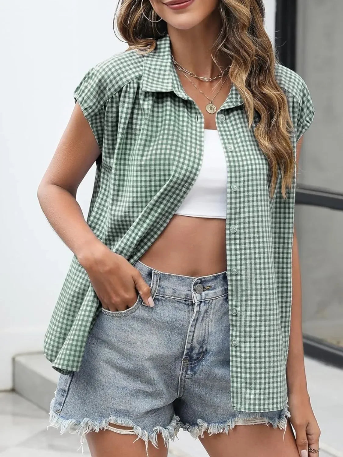 Plaid Button Up Cap Sleeve Shirt - Makw Official Site