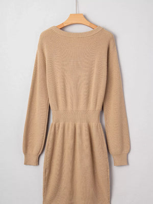 Pearl Embellished Keyhole Ribbed Sweater Dress - Makw Official Site