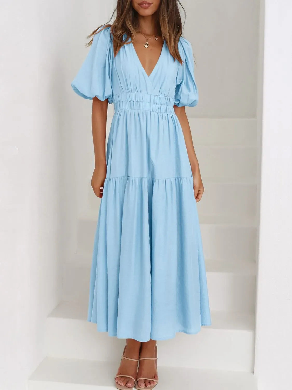 V-Neck Puff Sleeve Midi Dress - Makw Official Site