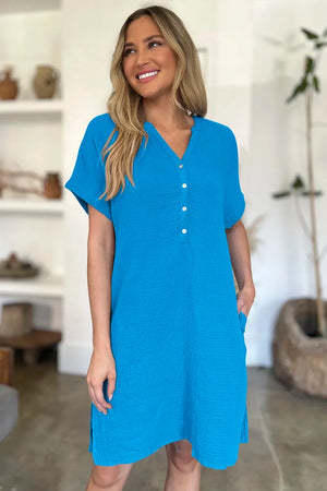 FAM-FAM Slit Notched Short Sleeve Mini Dress - Makw Official Site