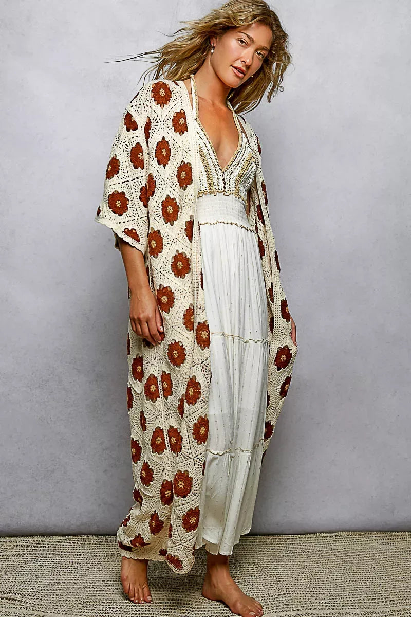 POL Open Front Floral Crochet Longline Cardigan - Makw Official Site