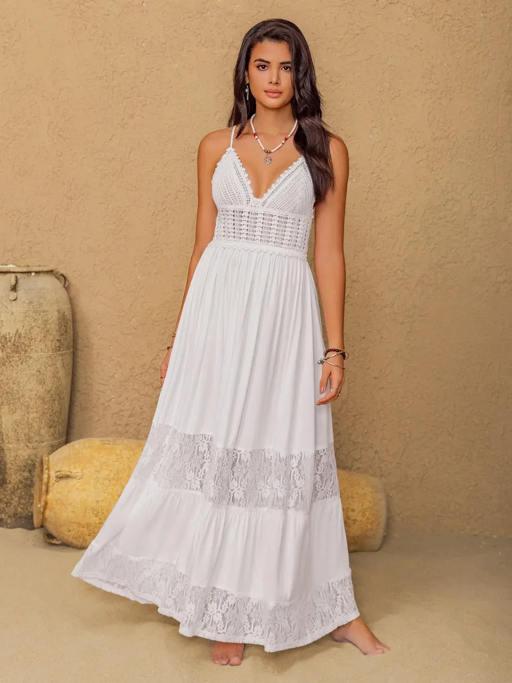 Lace Detail Crochet Tiered Maxi Cami Dress - Makw Official Site