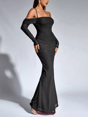 Glitter Ruched Long Sleeve Mermaid Maxi Dress - Makw Official Site
