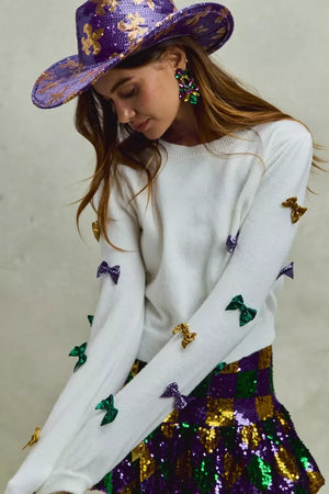 SO ME Mardi Gras Glitter Bow Ribbon Sweater Knit Top - Makw Official Site