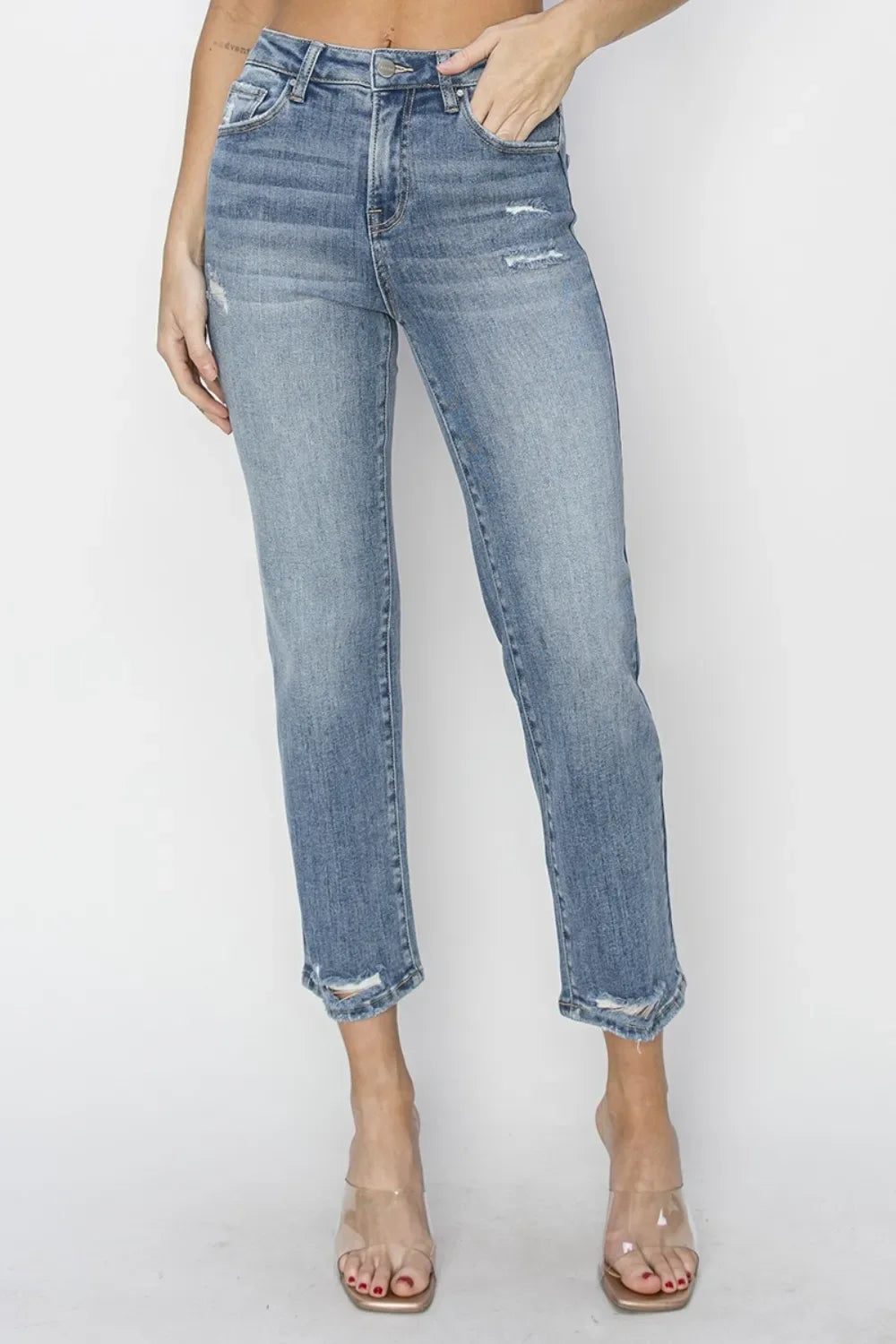 RISEN Full Size High Waist Distressed Cropped Jeans - Makw Official Site