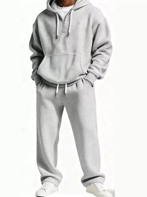 Men's Full Size Casual Waffle Knit Hoodie and Pants Set Plus Size - Makw Official Site