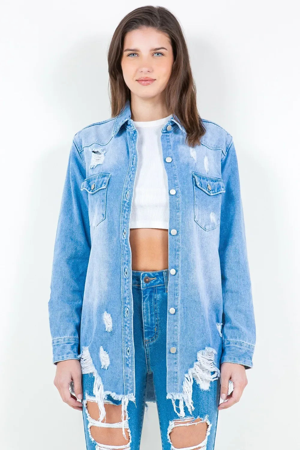 American Bazi Frayed Hem Distressed Denim Shirt Jacket - Makw Official Site