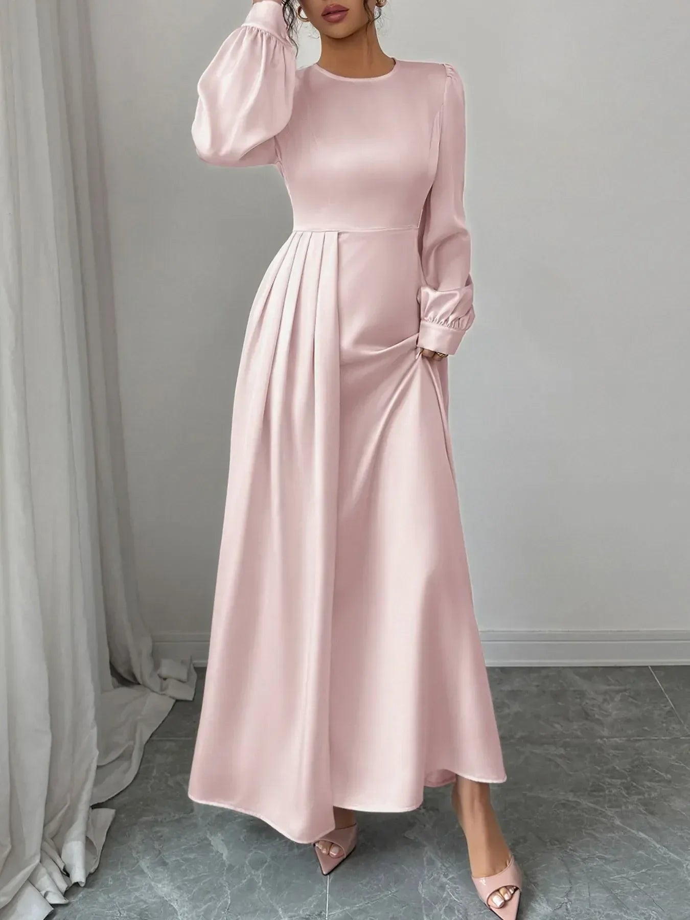 Satin Long Sleeve Maxi Dress - Makw Official Site