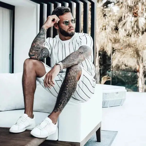 Men's Full Size Striped Casual Top and Shorts Summer Set Plus Size - Makw Official Site