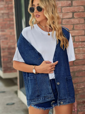 Full Size V-Neck Button Up Denim Vest - Makw Official Site