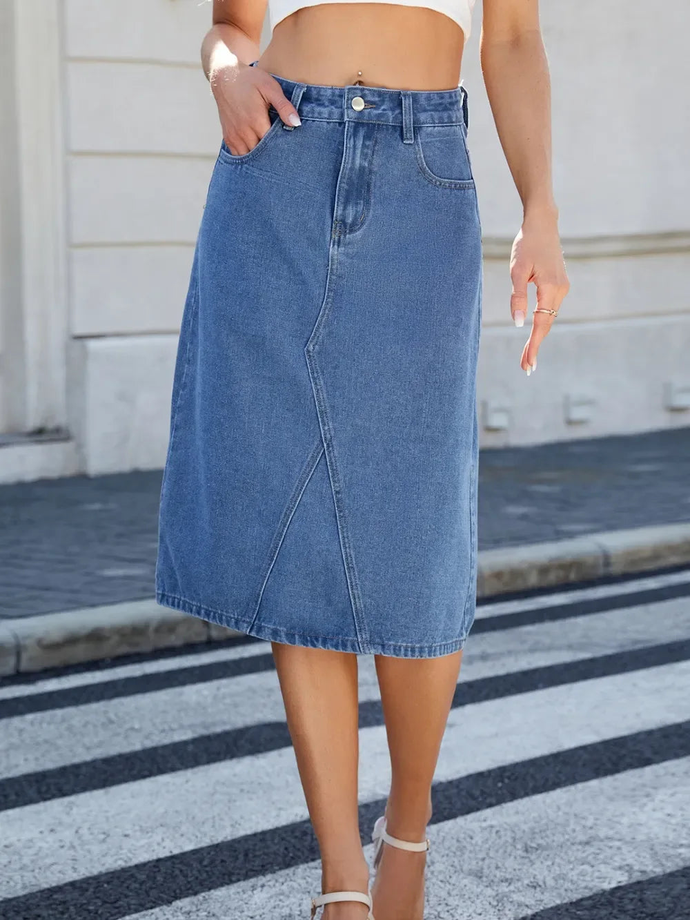 Slit Back Midi Denim Skirt - Makw Official Site