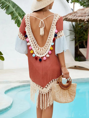 Backless Tassel Hem V-Neck Cover-Up - Makw Official Site