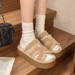 Fluffy Platform Velcro Slippers - Makw Official Site