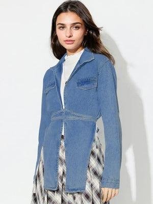 Asymmetric Slit Collared Neck Long Denim Top - Makw Official Site