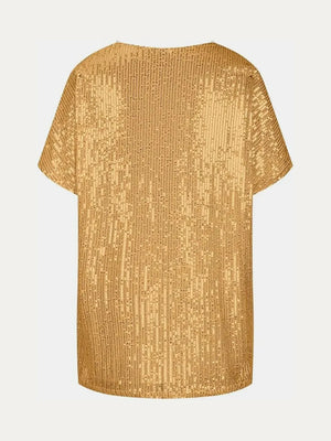 Full Size Sequin V-Neck Short Sleeve Top - Makw Official Site