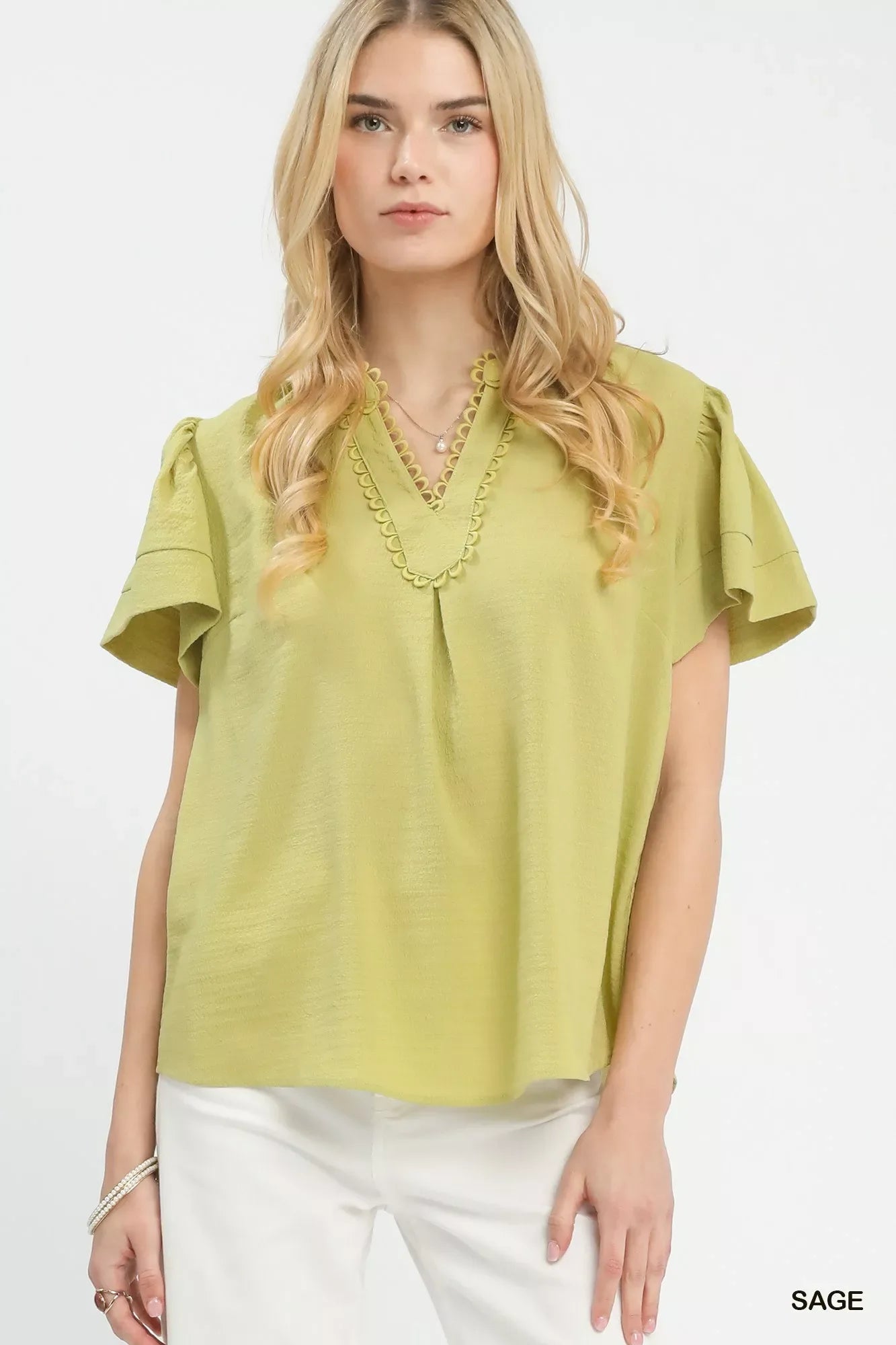 Umgee Seersucker Short Sleeve Top with Lace Trim - Makw Official Site